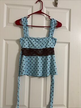 Blue Polka Dot Tank Top with Brown Lace Trim